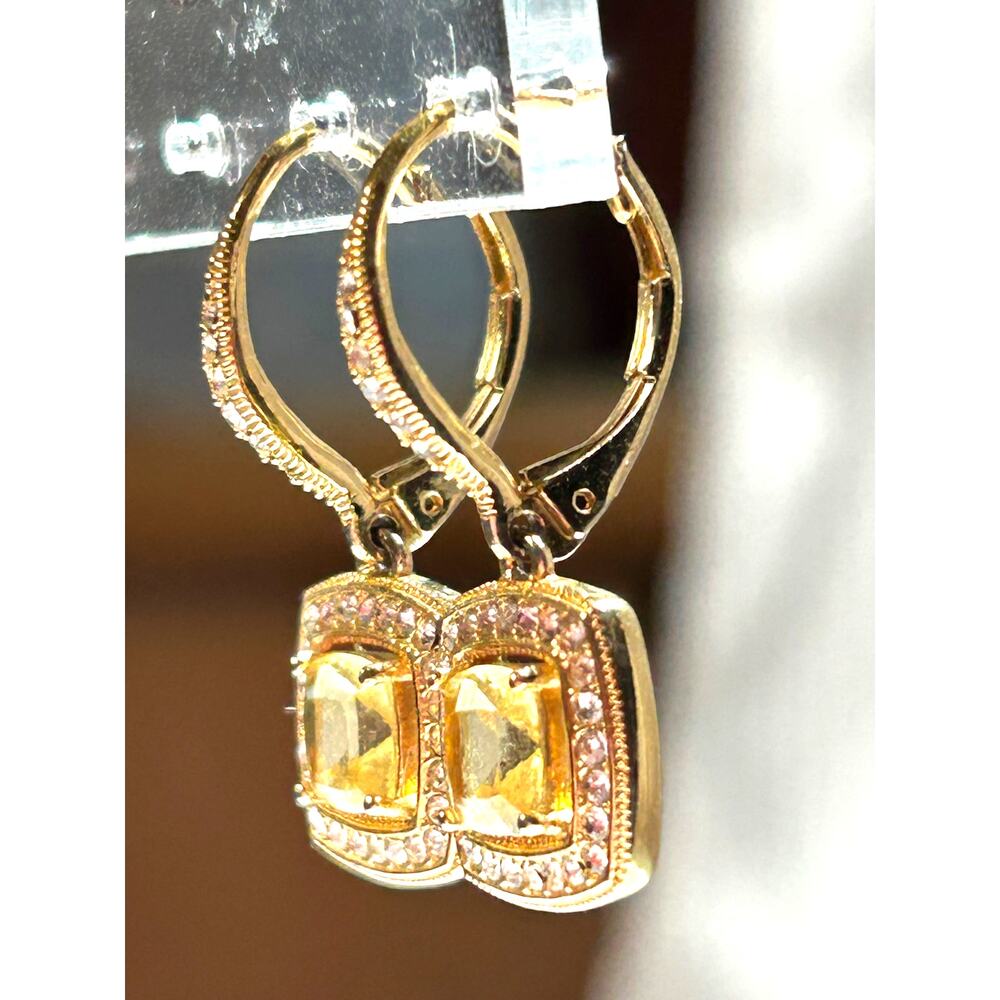 NADRI Yellow CZ Halo Crystal 18k Gold Plated Lever Back Earrings - Picture 9 of 10